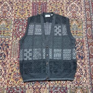 VTG 80s 90s Gabicci L Italia Wool Blend Abstract Knit Cardigan Vest Sweater Gray